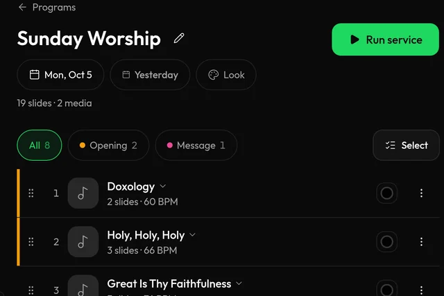 Setlist builder for Sunday Worship with its run date and tags