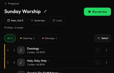 Setlist builder with songs, a video, and slides in order